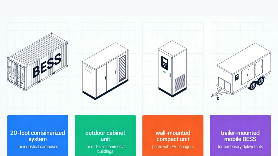 Infographic comparing four commercial BESS form factors side by side: a 20-foot containerized system for industrial campuses, an outdoor cabinet unit for mid-size commercial buildings, a wall-mounted compact unit paired with EV chargers, and a trailer-mounted mobile BESS for temporary deployments. Infographic comparing four commercial BESS form factors side by side: a 20-foot containerized system for industrial campuses, an outdoor cabinet unit for mid-size commercial buildings, a wall-mounted compact unit paired with EV chargers, and a trailer-mounted mobile BESS for temporary deployments.
